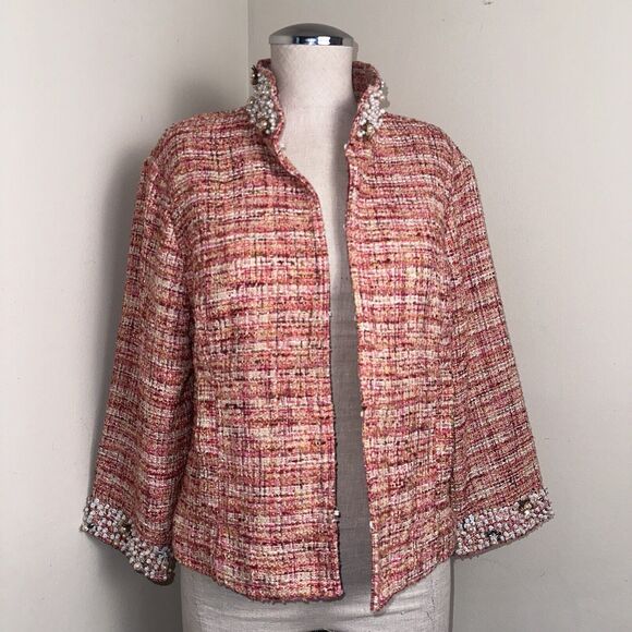 Chico's Orange Embellished Collar AND Cuffs Tweed Jacket Women's Size 1 EUC - Picture 5 of 11